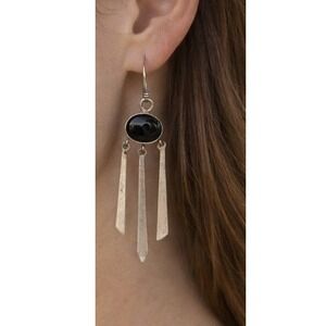 Vintage 925 Sterling Silver Black Onyx Dangle Boho Earrings‎